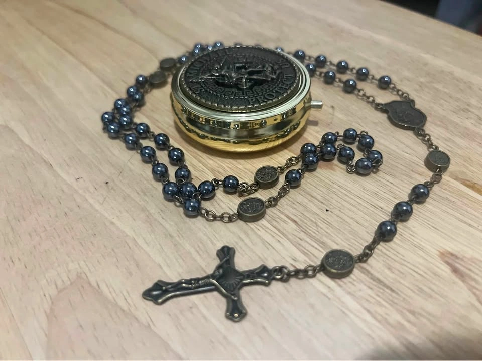 Gold Set St Michael Archangel Hematite Beads Engraved Prayer Box