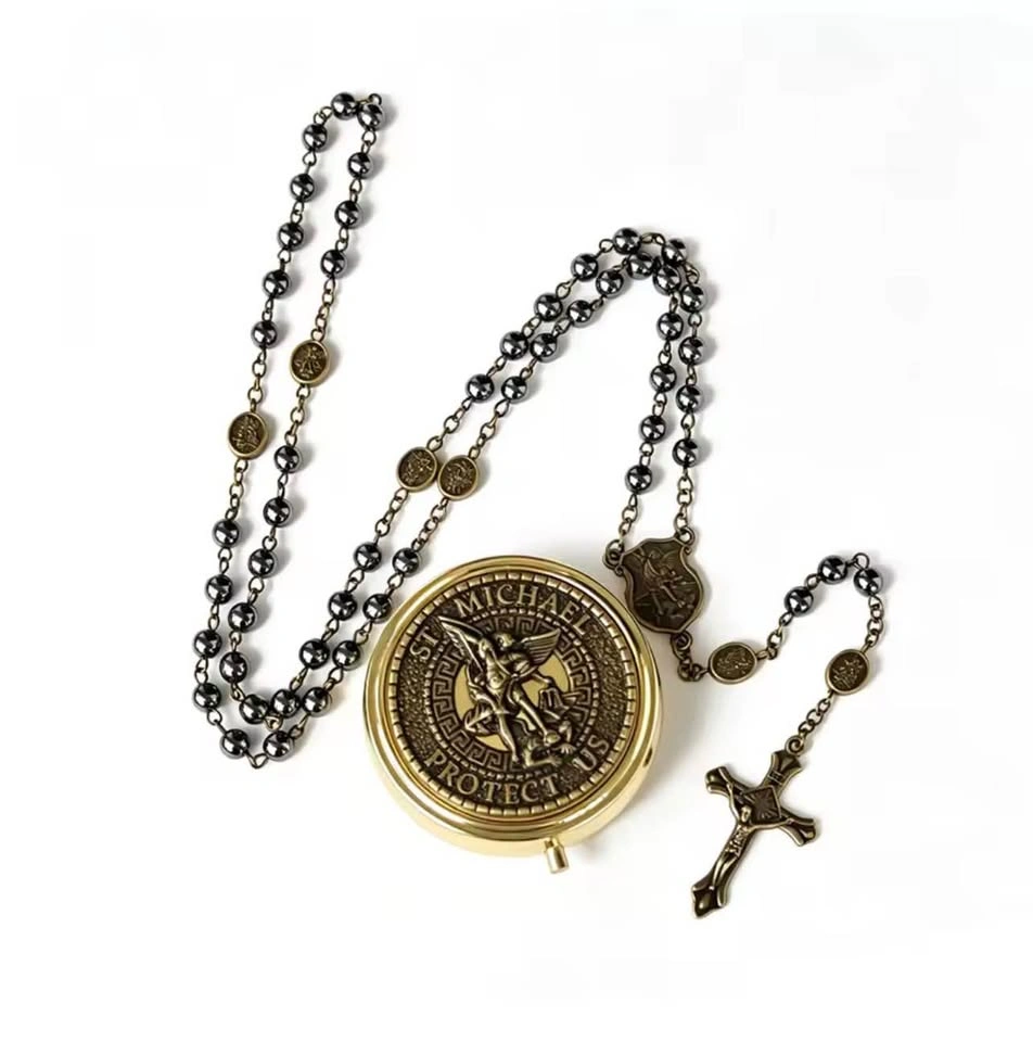 Gold Set St Michael Archangel Hematite Beads Engraved Prayer Box - photo 4
