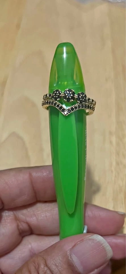 Gold Tone Adjustable Ring with Black Crystals