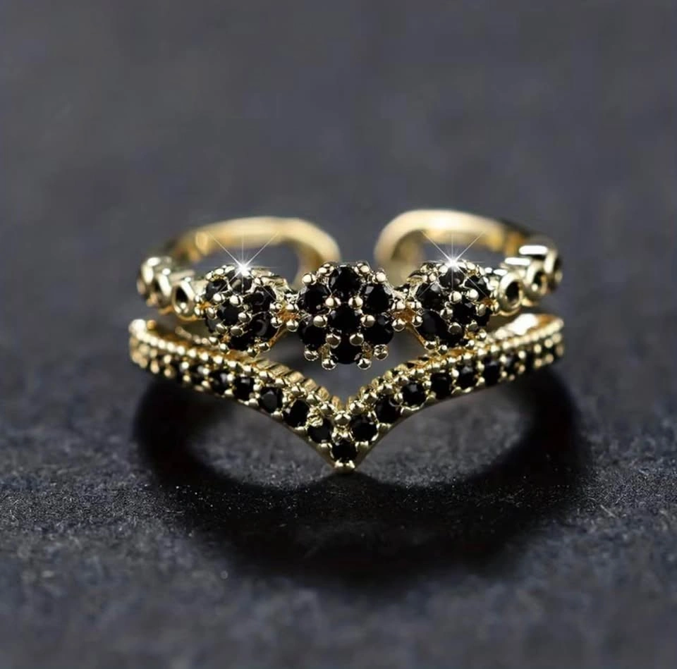 Gold Tone Adjustable Ring with Black Crystals - photo 3