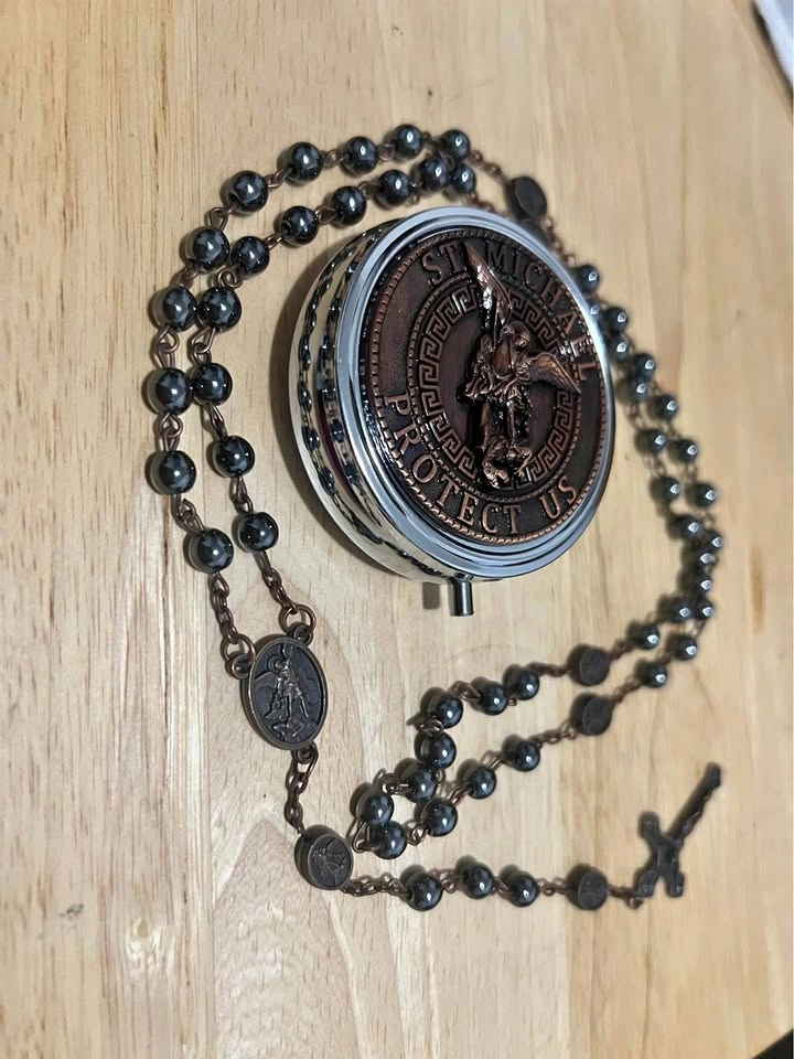 Bronze St. Michael Rosary with Metal Storage Case