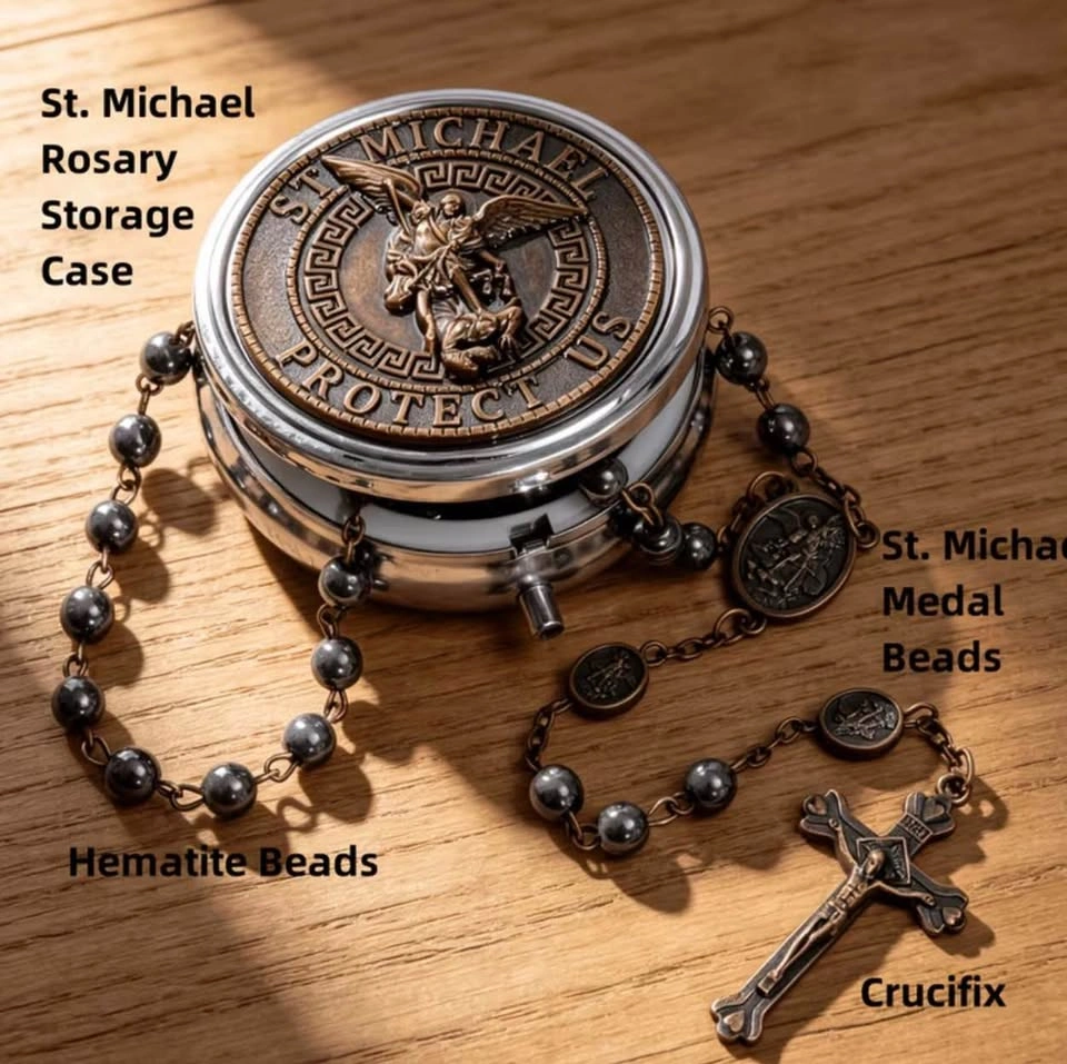 Bronze St. Michael Rosary with Metal Storage Case - photo 4