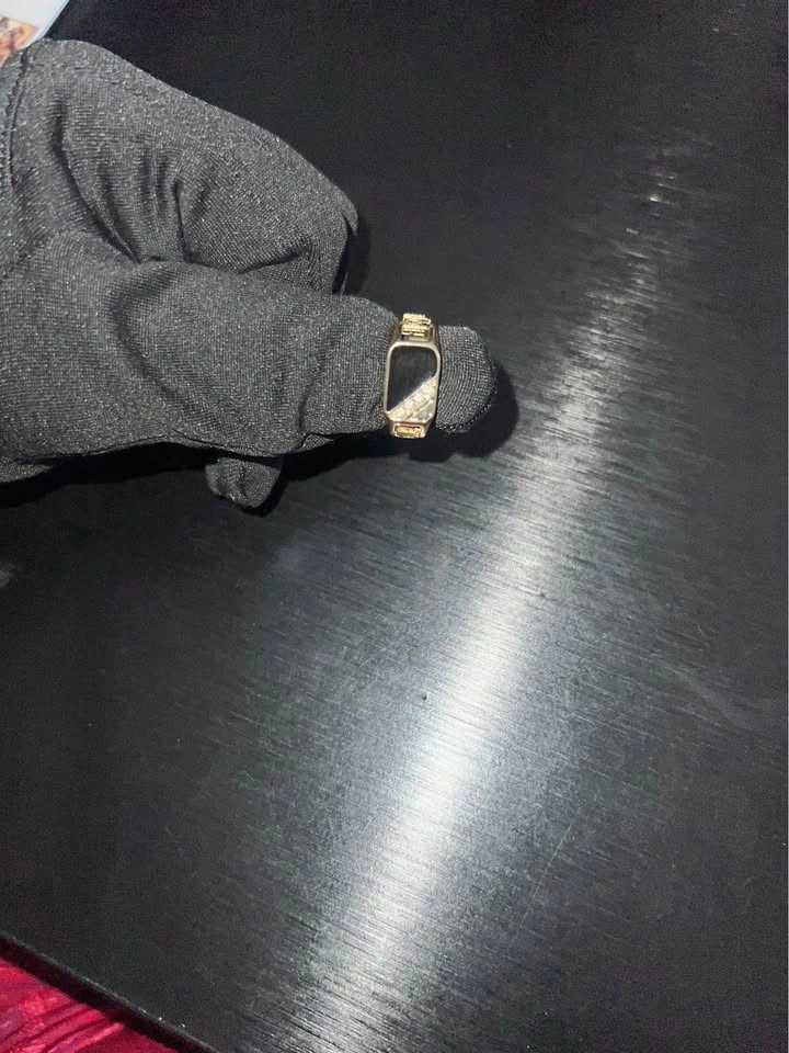 Men's Gold-Toned Signet Ring with Black Inlay and Greek Key Patt - photo 2