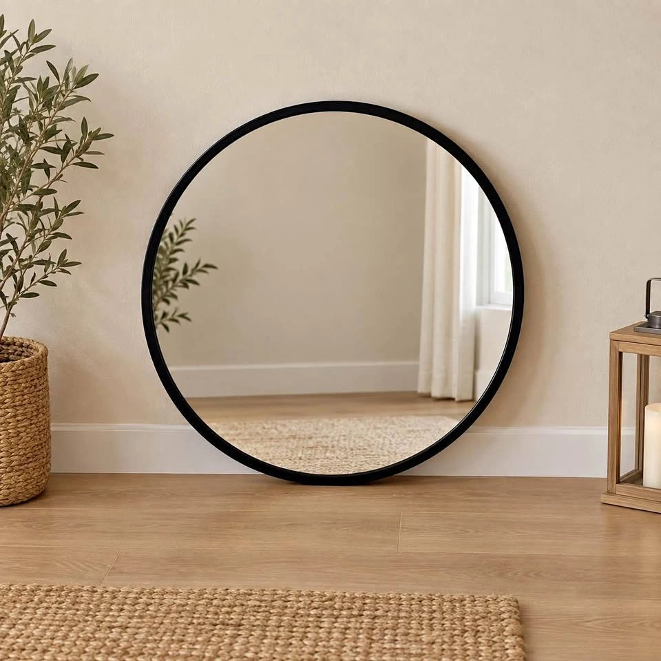 Round Decorative Wall Mirror W/Black Metal Frame