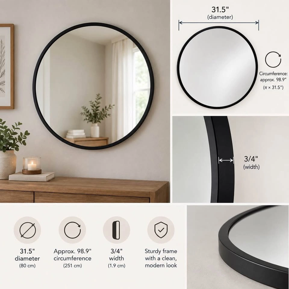 Round Decorative Wall Mirror W/Black Metal Frame - photo 2