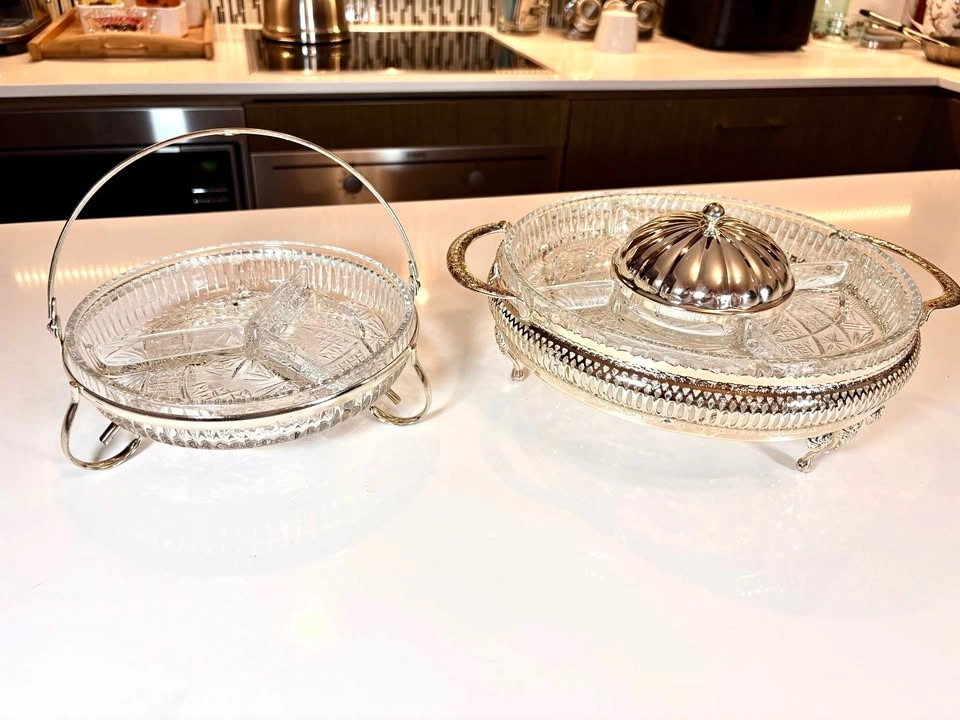 Vintage Silver Plate & Pressed Glass Relish Dish Set of 2