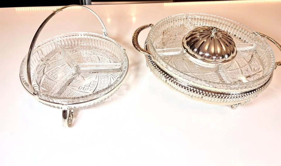 Vintage Silver Plate & Pressed Glass Relish Dish Set of 2 - photo 2