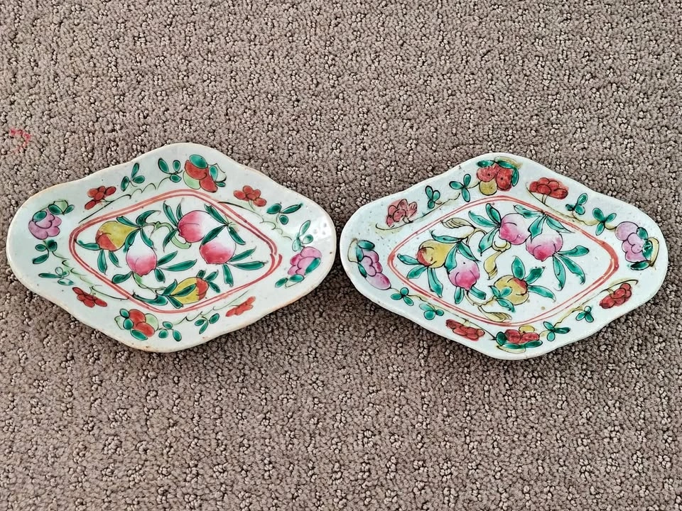 Antique Chinese Porcelain Famille Rose Floral Footed Plates