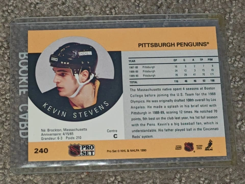 1990-91 Pro Set #240 Kevin Stevens Rookie Penguins Hockey Card - photo 2
