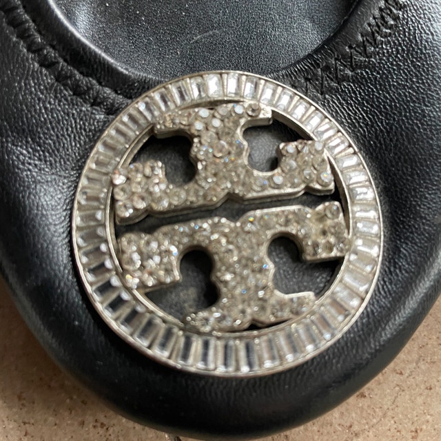 Tory Burch Black Rhinestone Logo Leather Ballet Flats Size 37 - photo 2