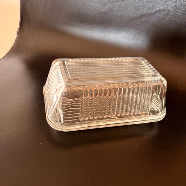 Vintage Butter Fridge Glass Ribbed Dish Container-tiny chip