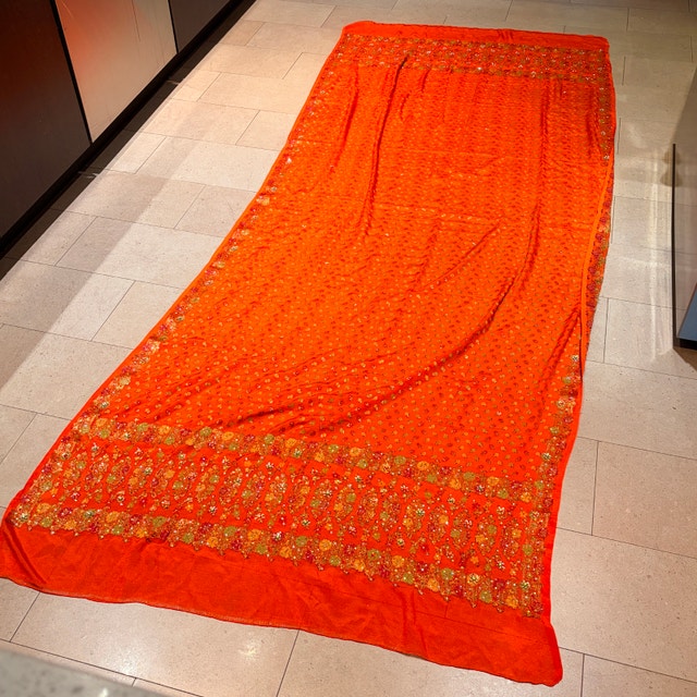 Vintage Indian Orange Silk Sheer Sari Dupatta-Hand Embroidered