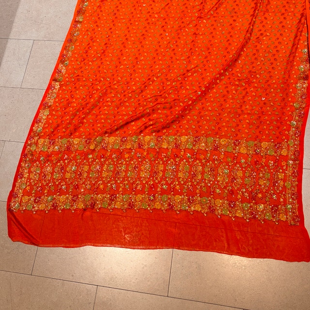 Vintage Indian Orange Silk Sheer Sari Dupatta-Hand Embroidered - photo 2