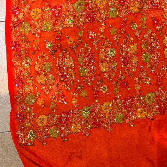 Vintage Indian Orange Silk Sheer Sari Dupatta-Hand Embroidered - photo 3