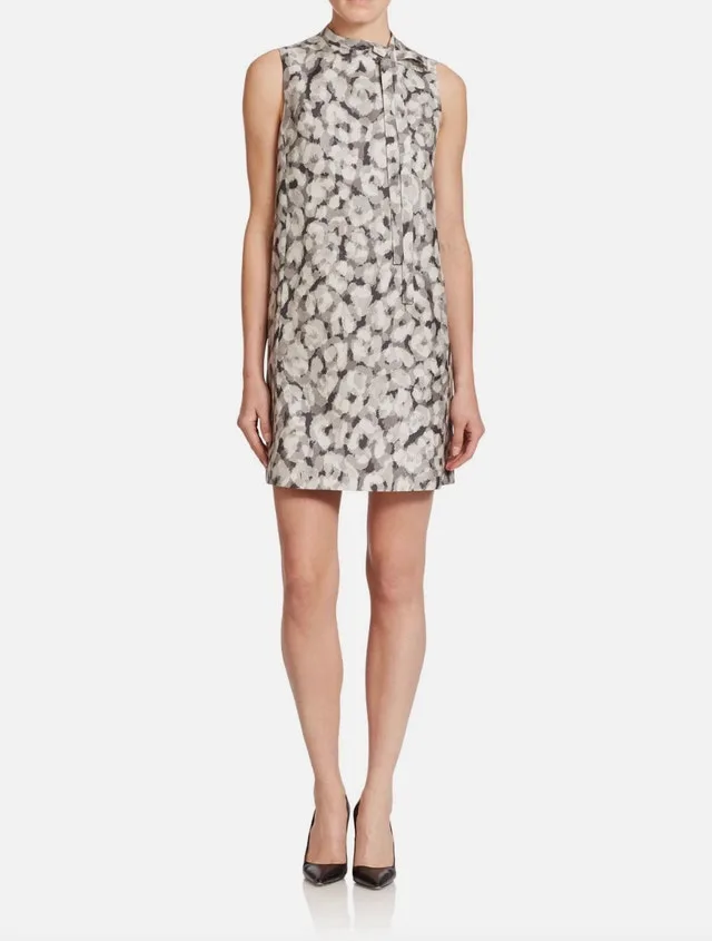 Theory Nurita Bow-Neck Gray Abstract Print Silk Shift Dress-Sz.4