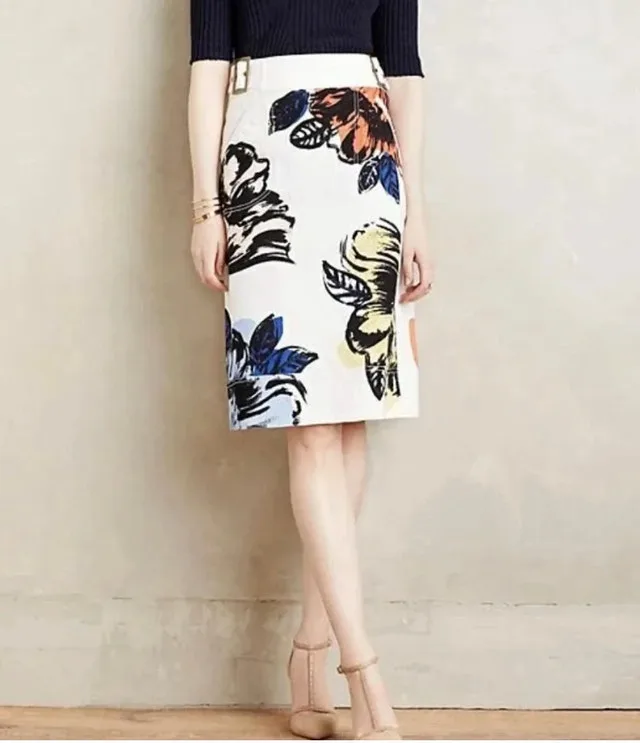 Anthropologie Maeve White Floral Buckle Pencil Skirt-Size 6