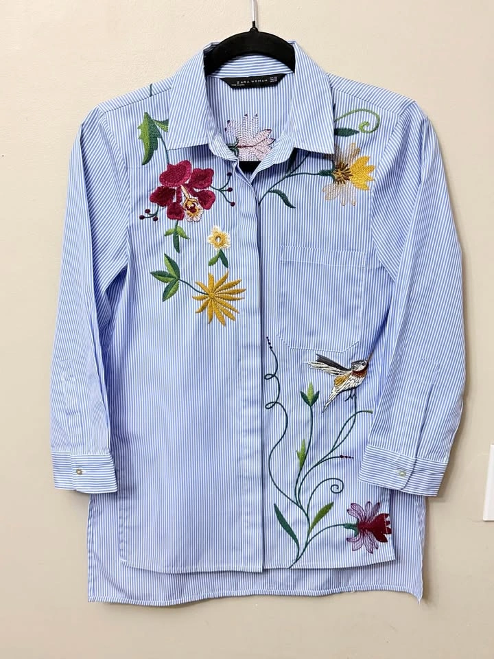 Zara Woman Embroidered Striped Shirt Size XS