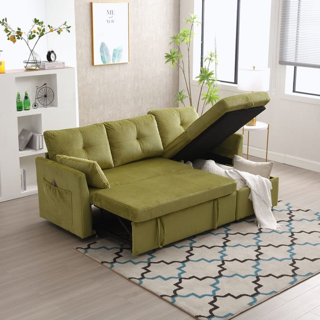 Modern Blue Corduroy Sectional Sofa Bed - photo 4