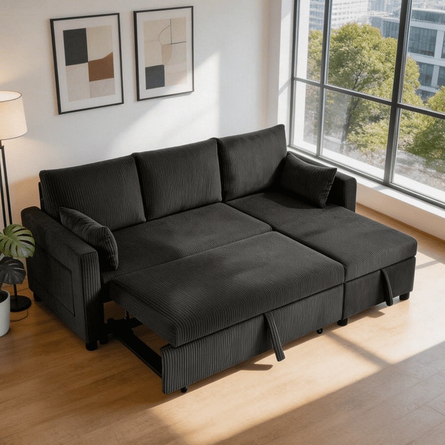 Corduroy Sectional Sofa Bed with Pull-Out Sleeper & Storage - photo 3