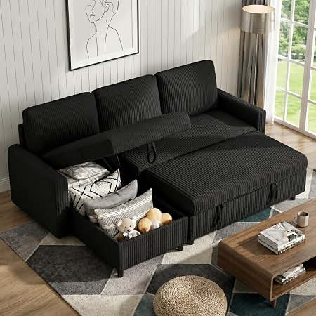 Corduroy Sectional Sofa Bed with Pull-Out Sleeper & Storage - photo 5