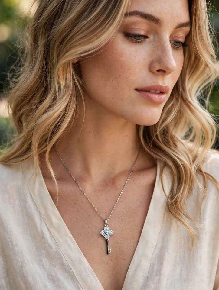 Silver Key Pendant Necklace with Clear Stones