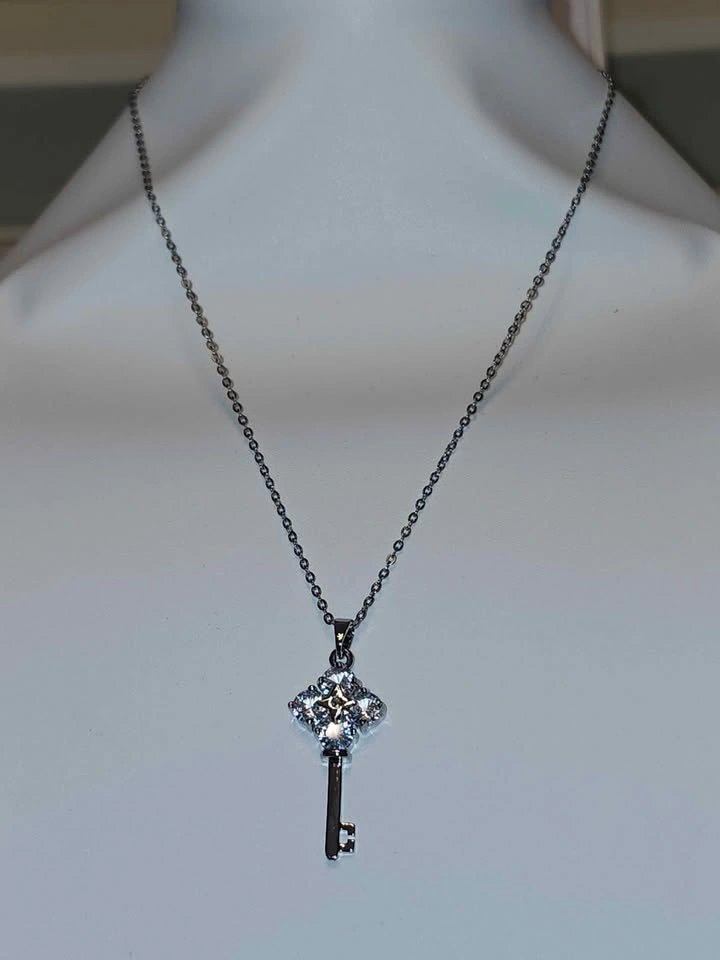 Silver Key Pendant Necklace with Clear Stones - photo 2