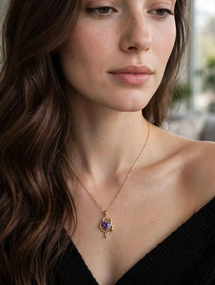 Gold-Tone Heart Pendant Necklace with Purple Stone