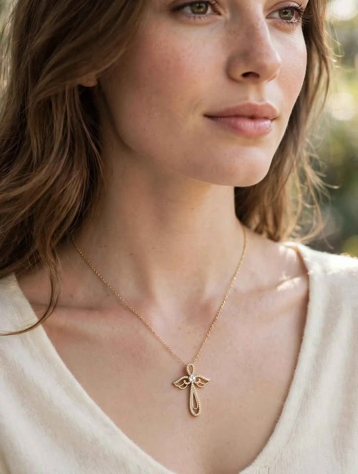 Gold-Toned Angel Cross Necklace with Crystals