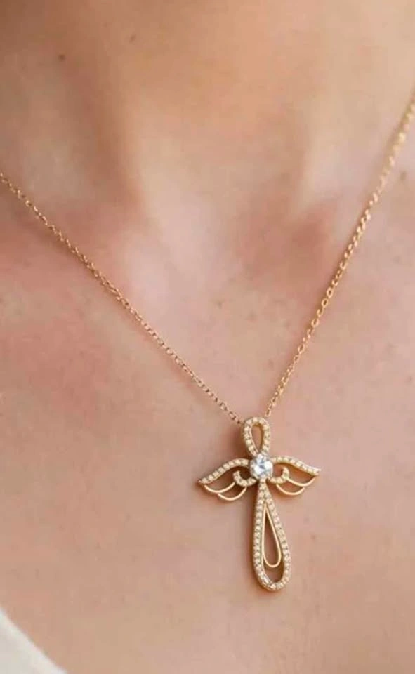 Gold-Toned Angel Cross Necklace with Crystals - photo 2