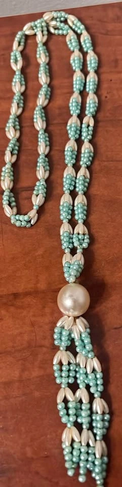 Vintage Faux Pearl and Teal Beaded Tassel Necklace