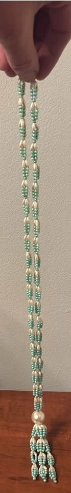 Vintage Faux Pearl and Teal Beaded Tassel Necklace - photo 2