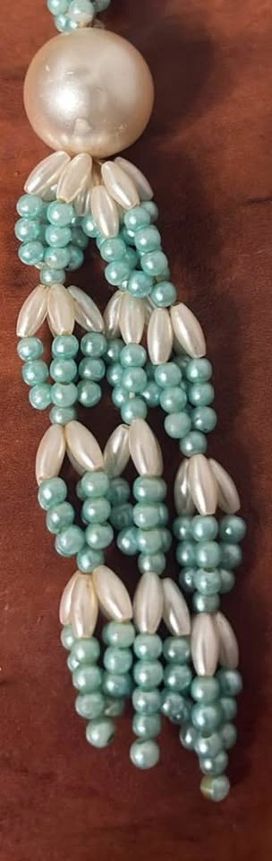 Vintage Faux Pearl and Teal Beaded Tassel Necklace - photo 3