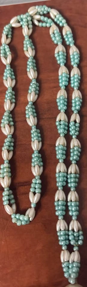 Vintage Faux Pearl and Teal Beaded Tassel Necklace - photo 4