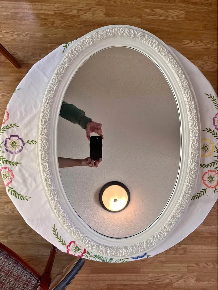 Vintage Oval Mirror, Ornate White Frame