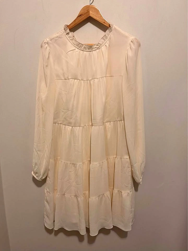 Kirundo Cream Tiered Chiffon Dress, Size Large, Long Sleeve