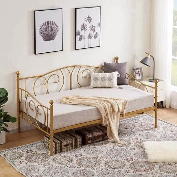 Twin Size Metal Daybed with Headboard, Gold