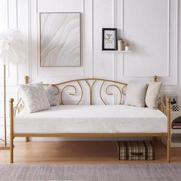 Twin Size Metal Daybed with Headboard, Gold - photo 2
