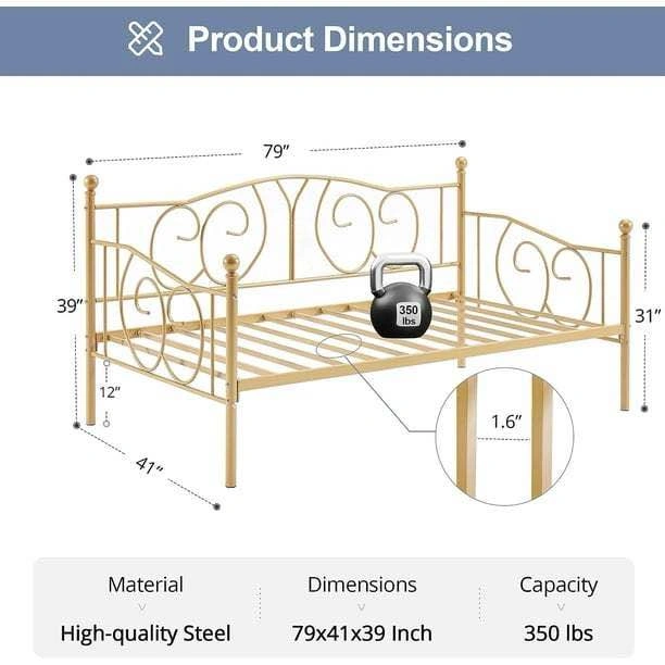 Twin Size Metal Daybed with Headboard, Gold - photo 5