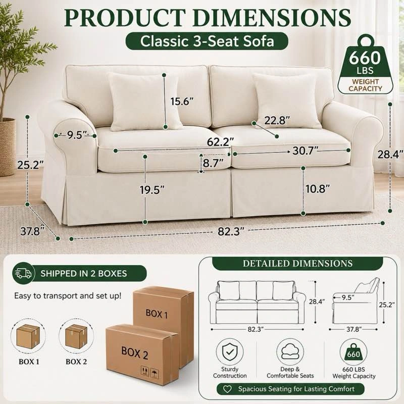 Greco Vintage Upholstered Boneless 3-Seat Sofa – Beige - photo 4
