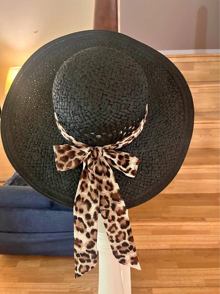 Black Wide Brim Sun Hat with Leopard Print Bow