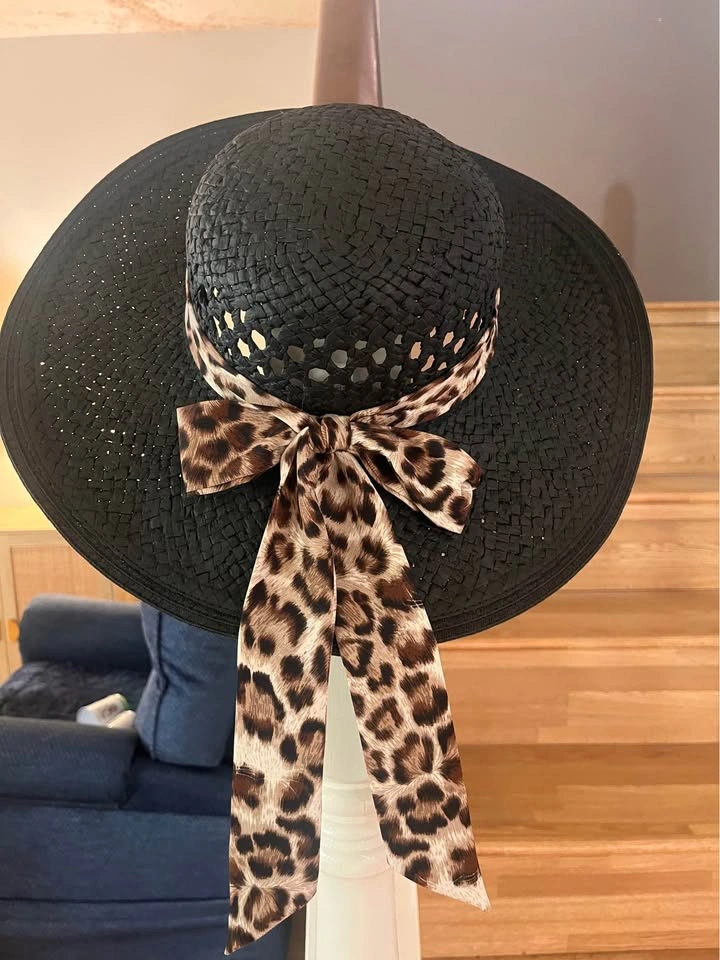 Black Wide Brim Sun Hat with Leopard Print Bow - photo 2