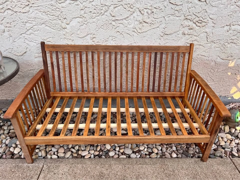 Refurbished Solid Wood Outdoor Bench + 6 Pillows / Cushions