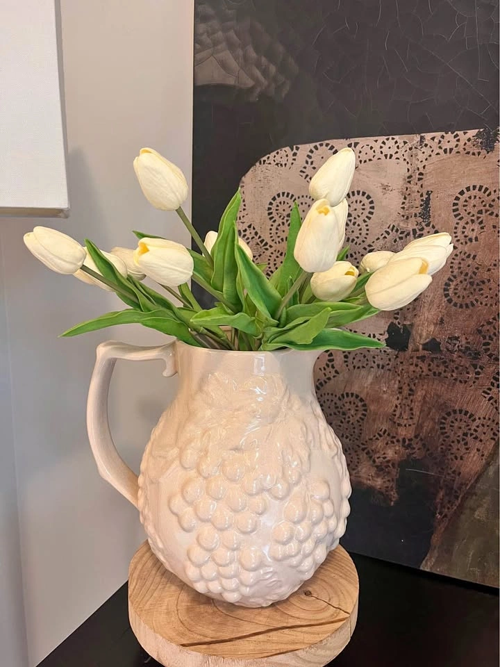 Cream Ceramic Grape Pitcher with 20 Faux Cream Tulips