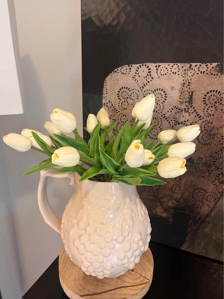 Cream Ceramic Grape Pitcher with 20 Faux Cream Tulips - photo 2