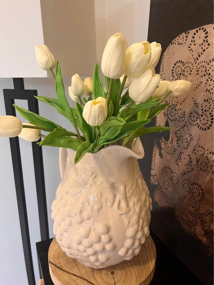 Cream Ceramic Grape Pitcher with 20 Faux Cream Tulips - photo 3