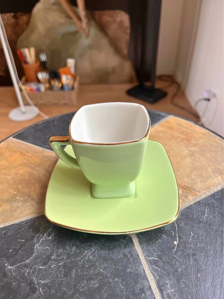 Square Espresso Cup & Saucer Set - Pistachio Green with Gold Tri