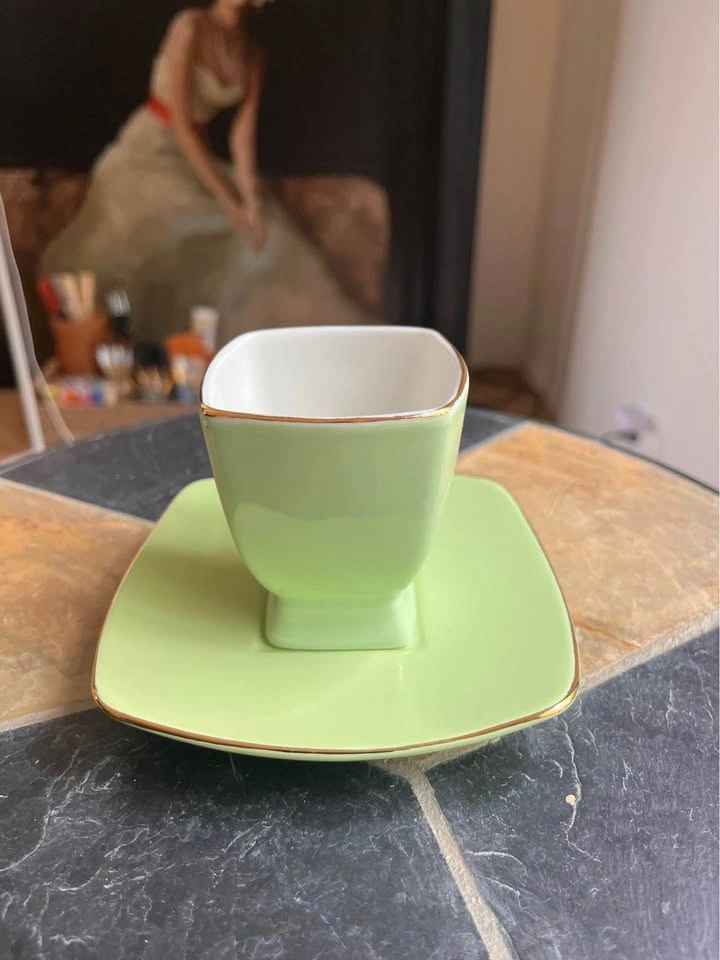Square Espresso Cup & Saucer Set - Pistachio Green with Gold Tri - photo 2