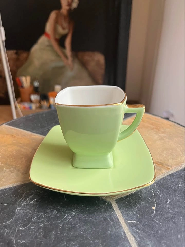 Square Espresso Cup & Saucer Set - Pistachio Green with Gold Tri - photo 3