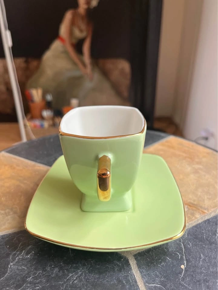 Square Espresso Cup & Saucer Set - Pistachio Green with Gold Tri - photo 4