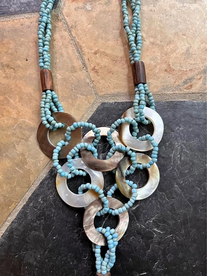 Boho Statement Necklace — Teal Seed Beads & Mother of Pearl
